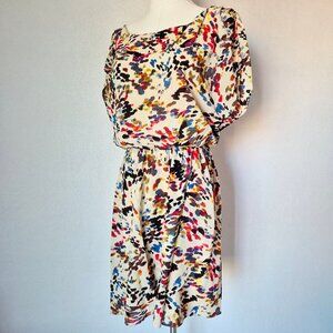 Alice + Olivia Silk Drop-Shoulder Mini Dress Elastic Waist Multicolor Abstract